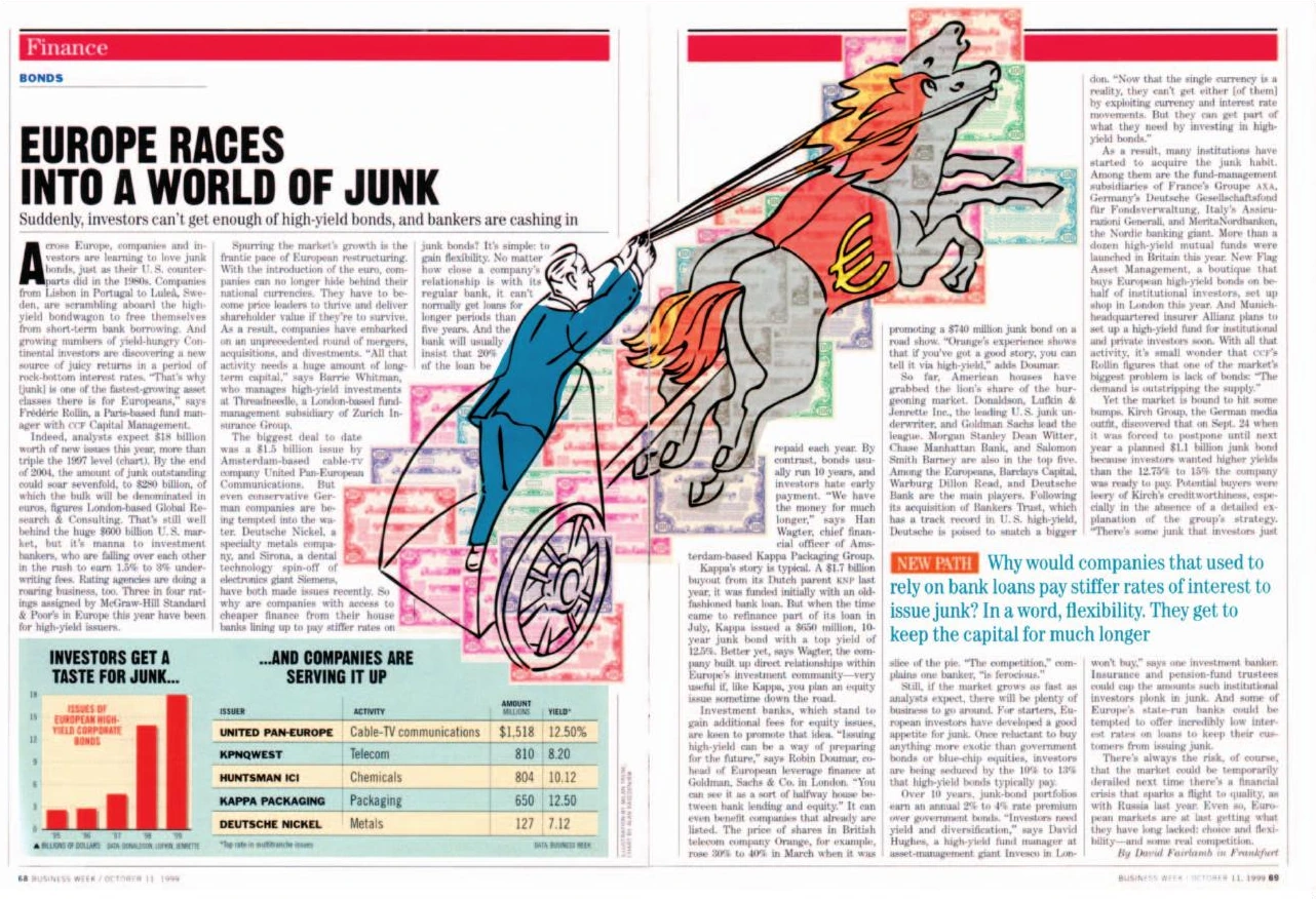 Magazine spread with a horse and chariot racing over banknotes