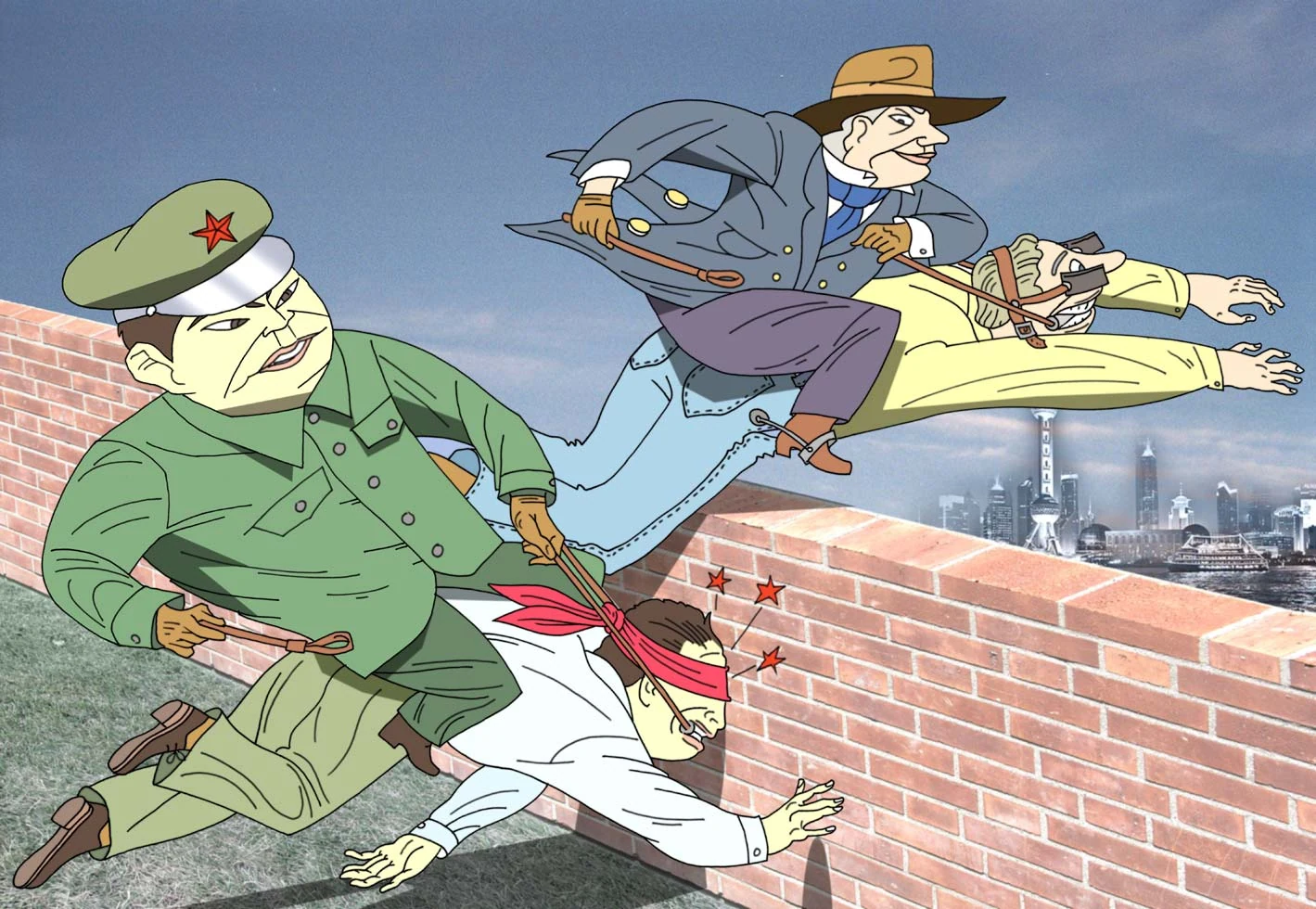 Three figures climb over a brick wall