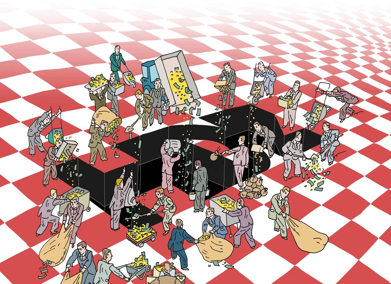Figures gather around a table on a red and white floor