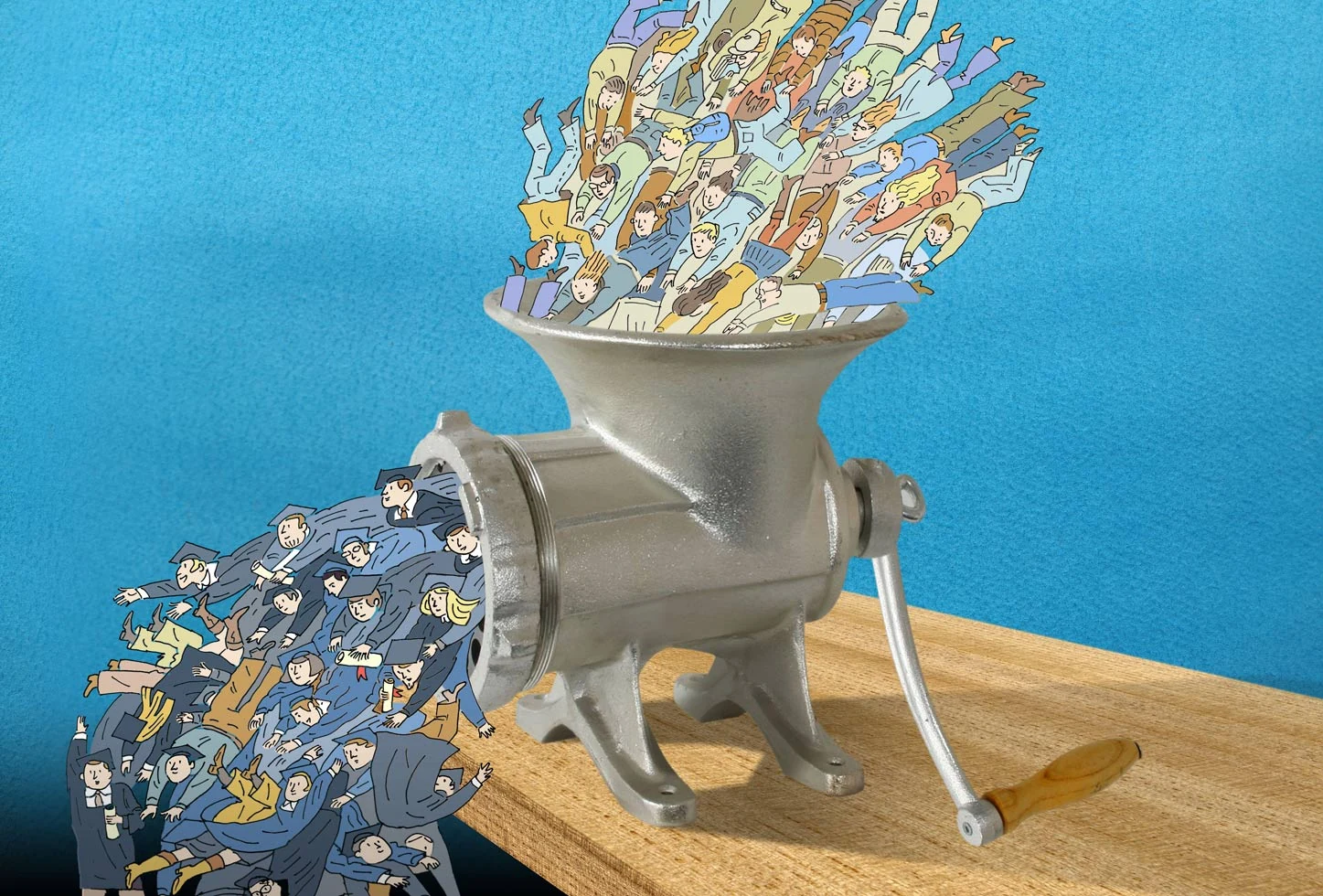Graduates pass through a mechanical grinder