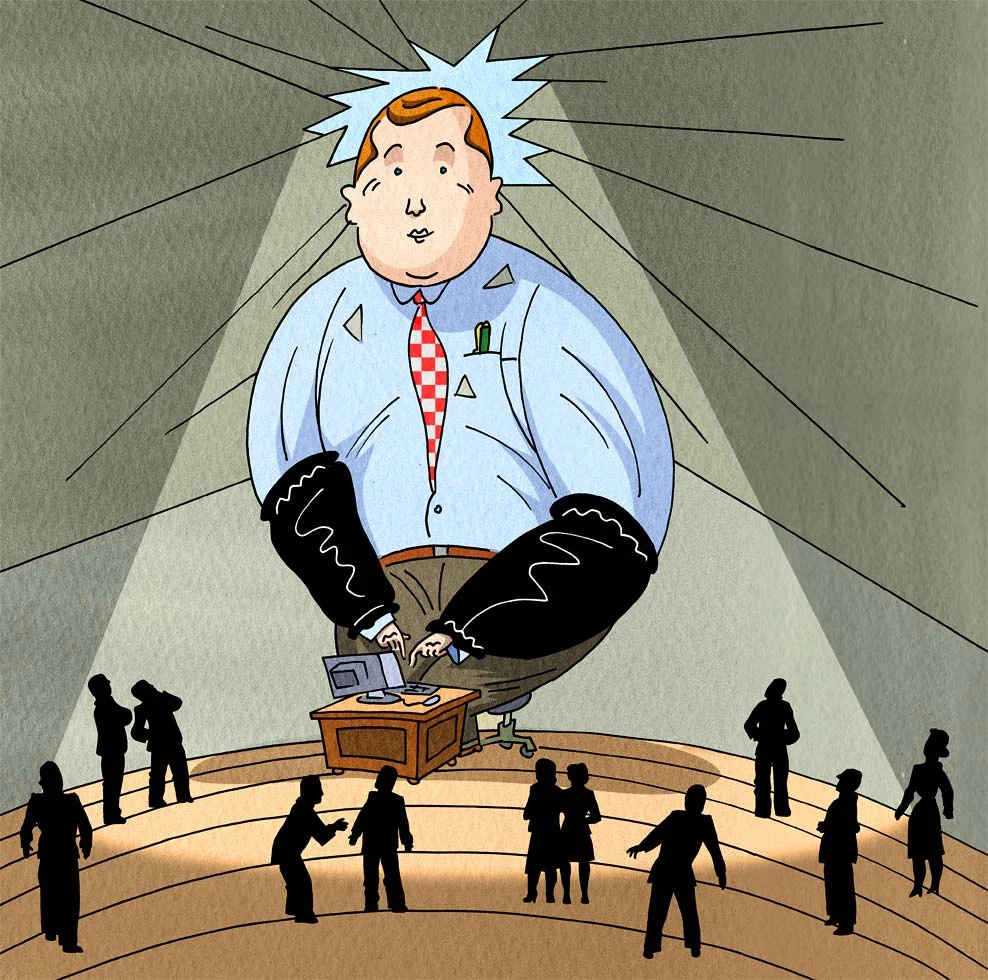 A speaker with boxing gloves addresses an audience