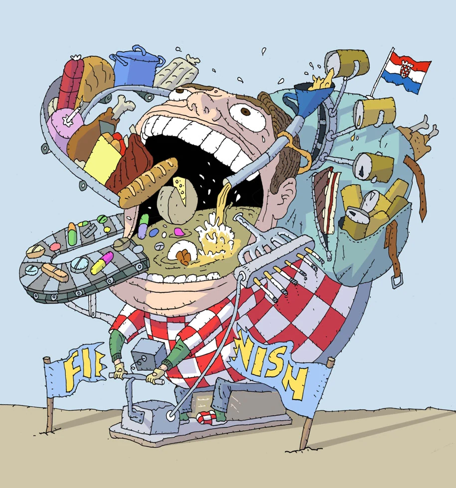 A figure consumes an assortment of objects