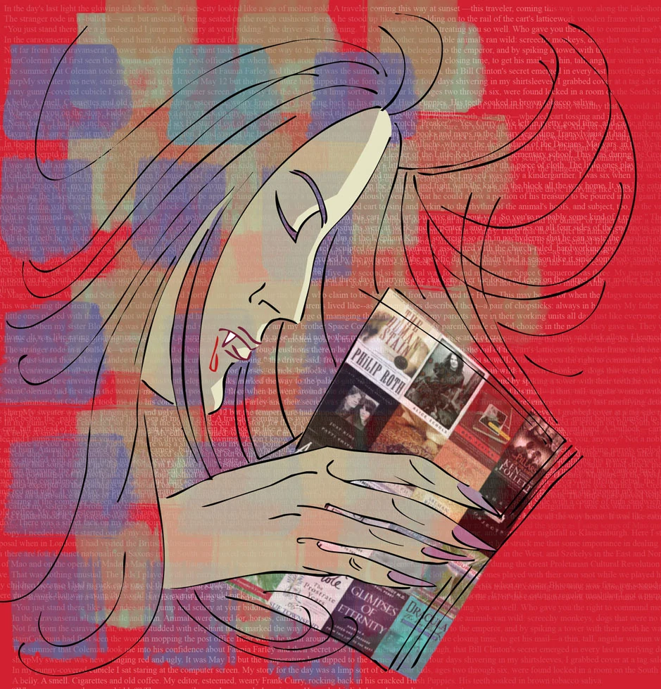 A reader holds a book against a red background