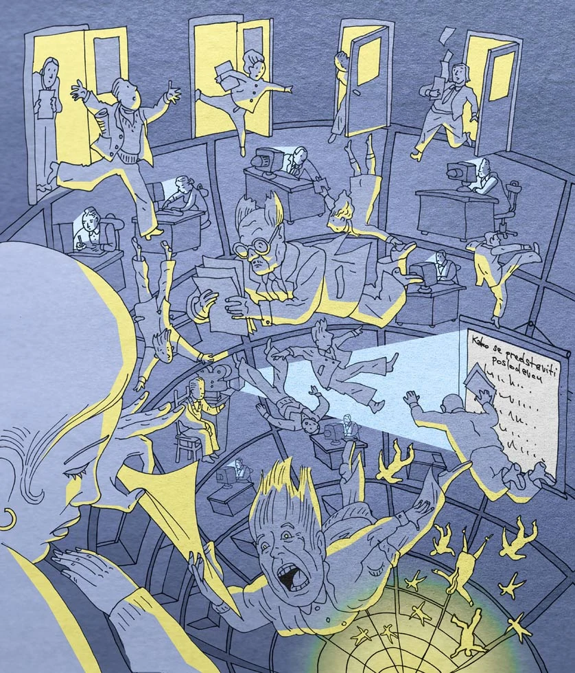 A labyrinth of staircases, offices and yellow figures
