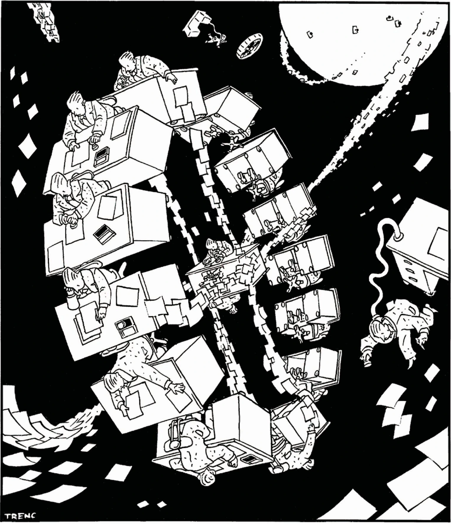 Office desks and paperwork orbiting in space
