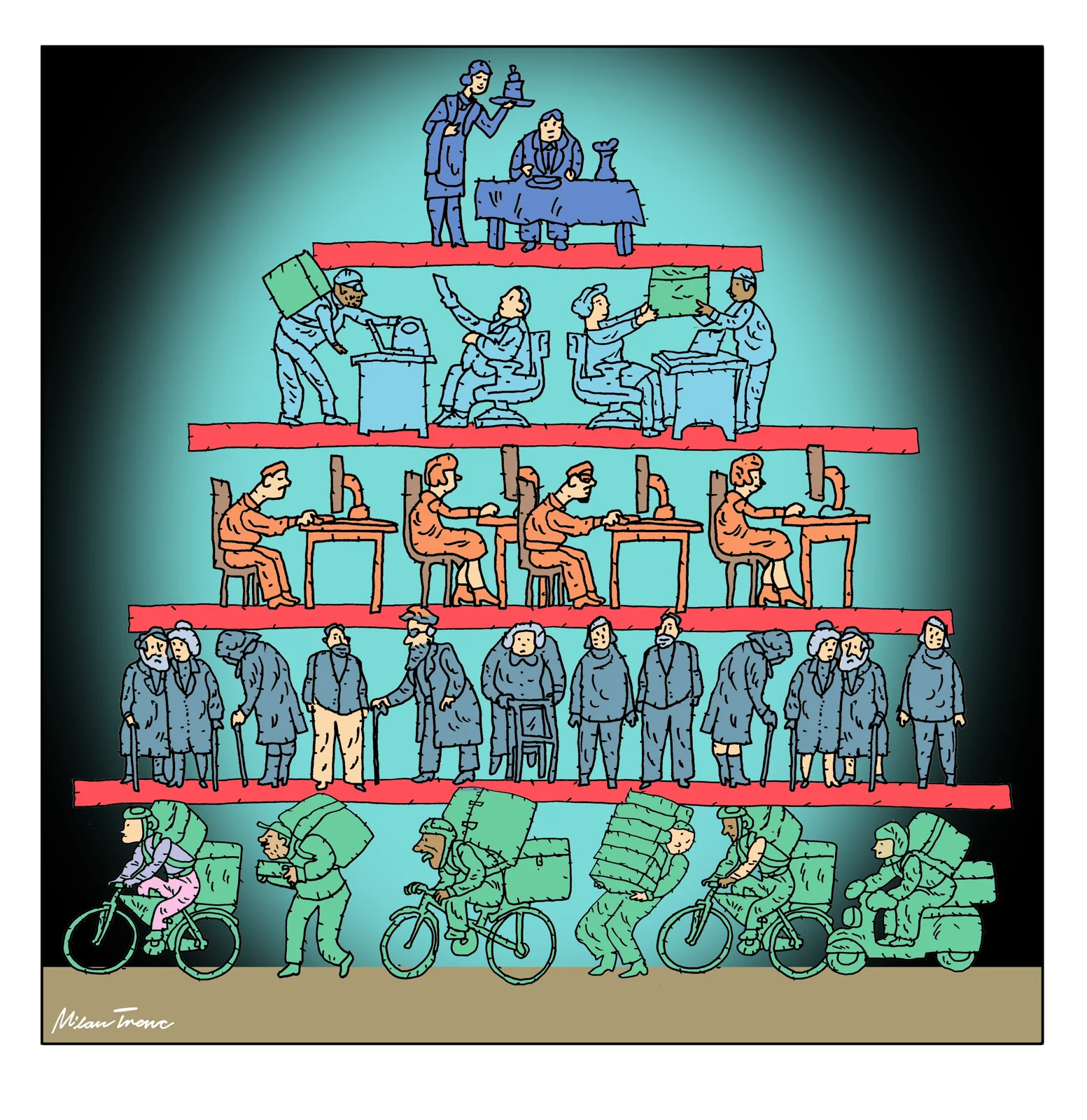 Workers balanced on a red structure