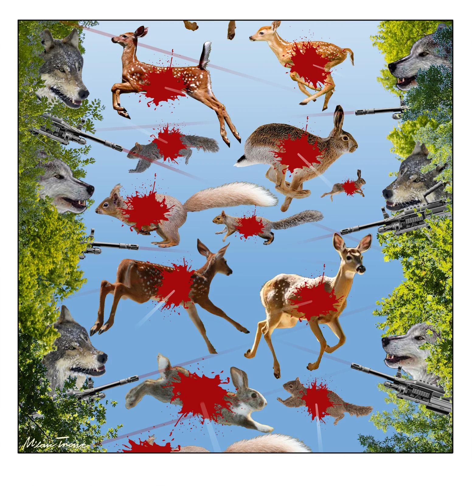 Red birds above a landscape