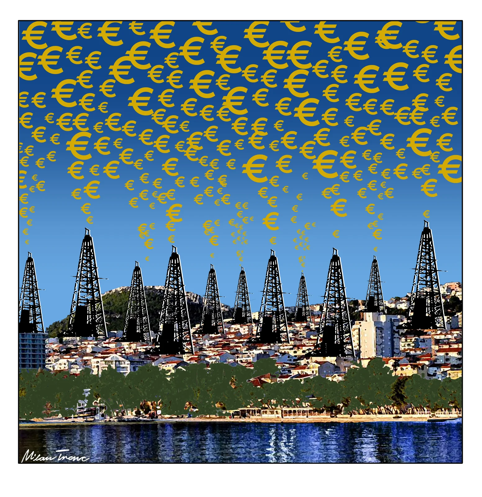A city beneath a cloud of euro symbols