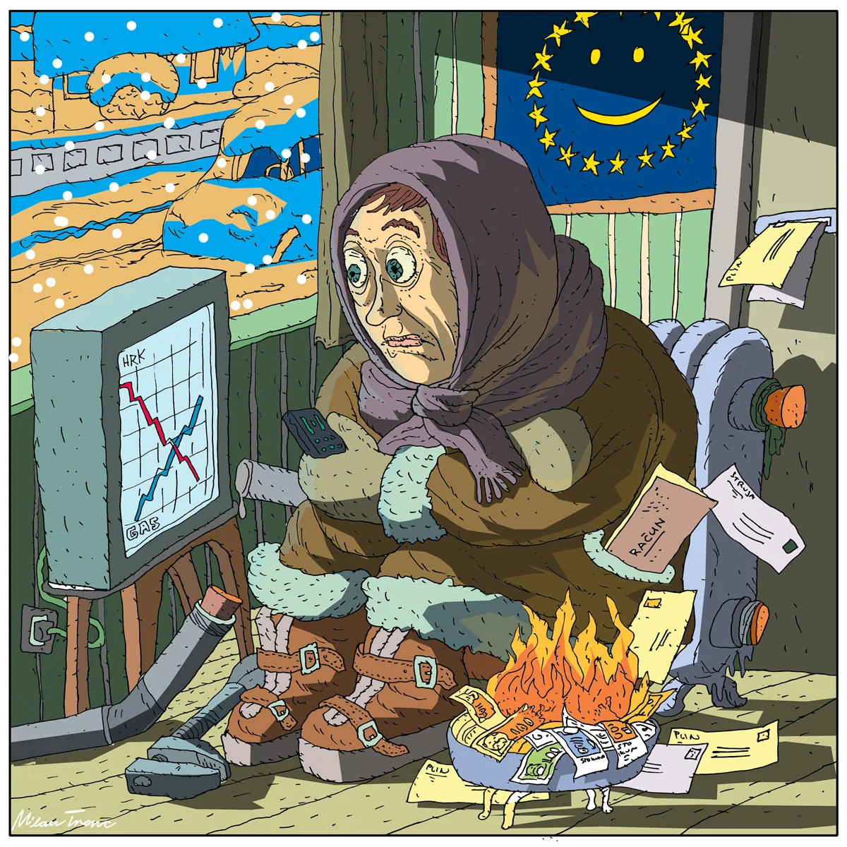 A figure operating a machine in a crowded city