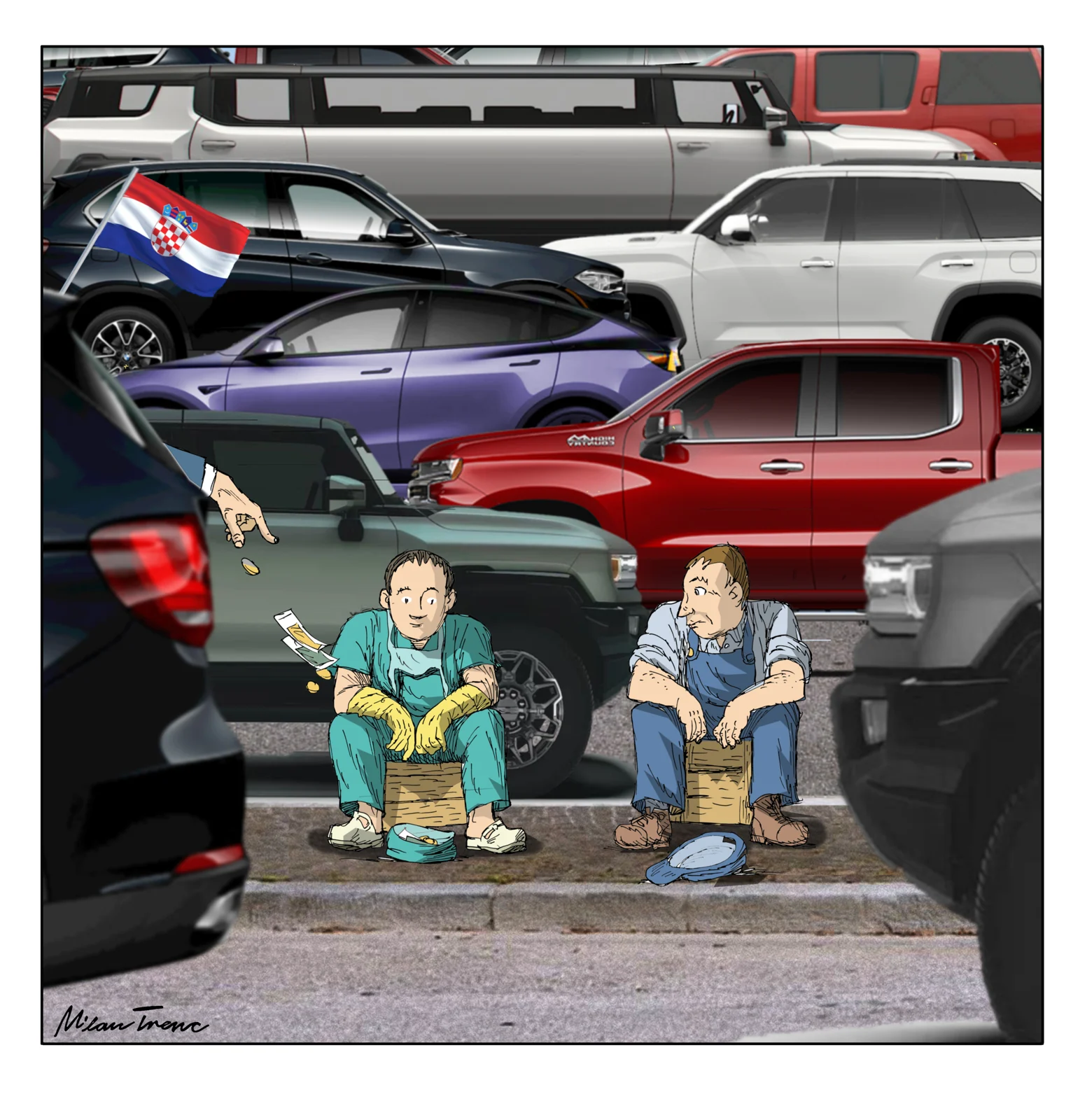 People beneath oversized cars