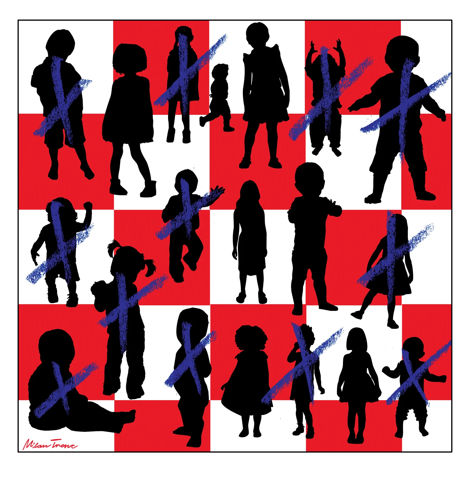 Children among red and blue silhouettes