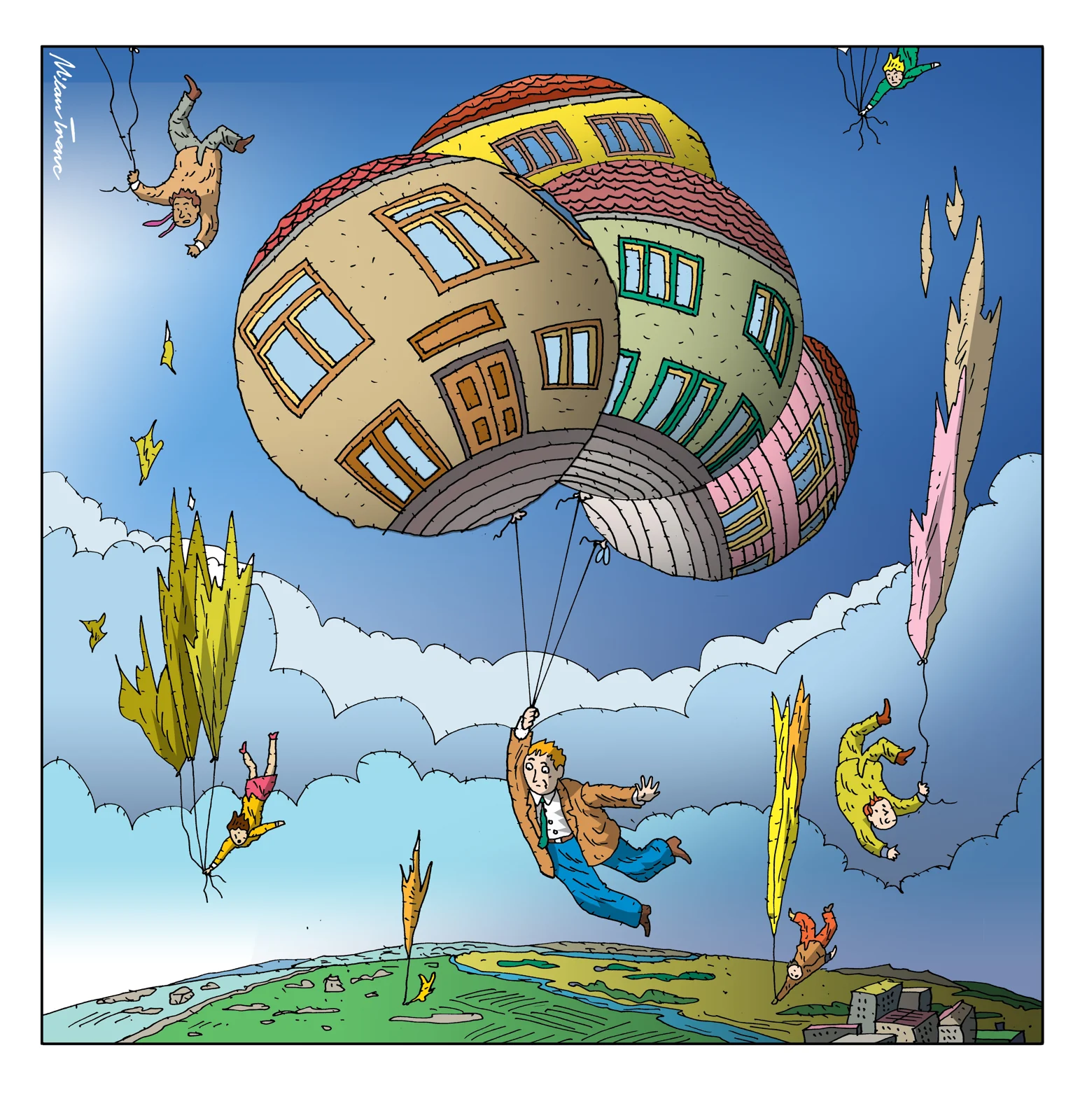 An enormous ball of buildings above a crowd