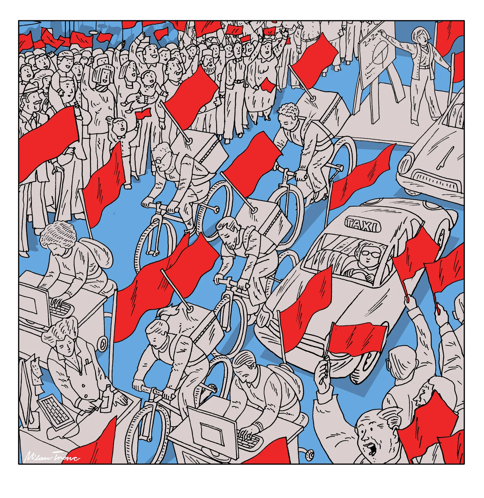 A procession of figures carrying red flags