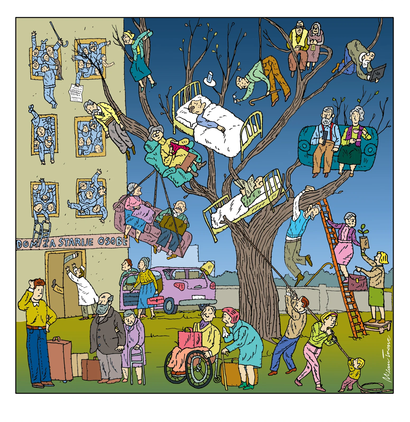 An older figure above a crowded city