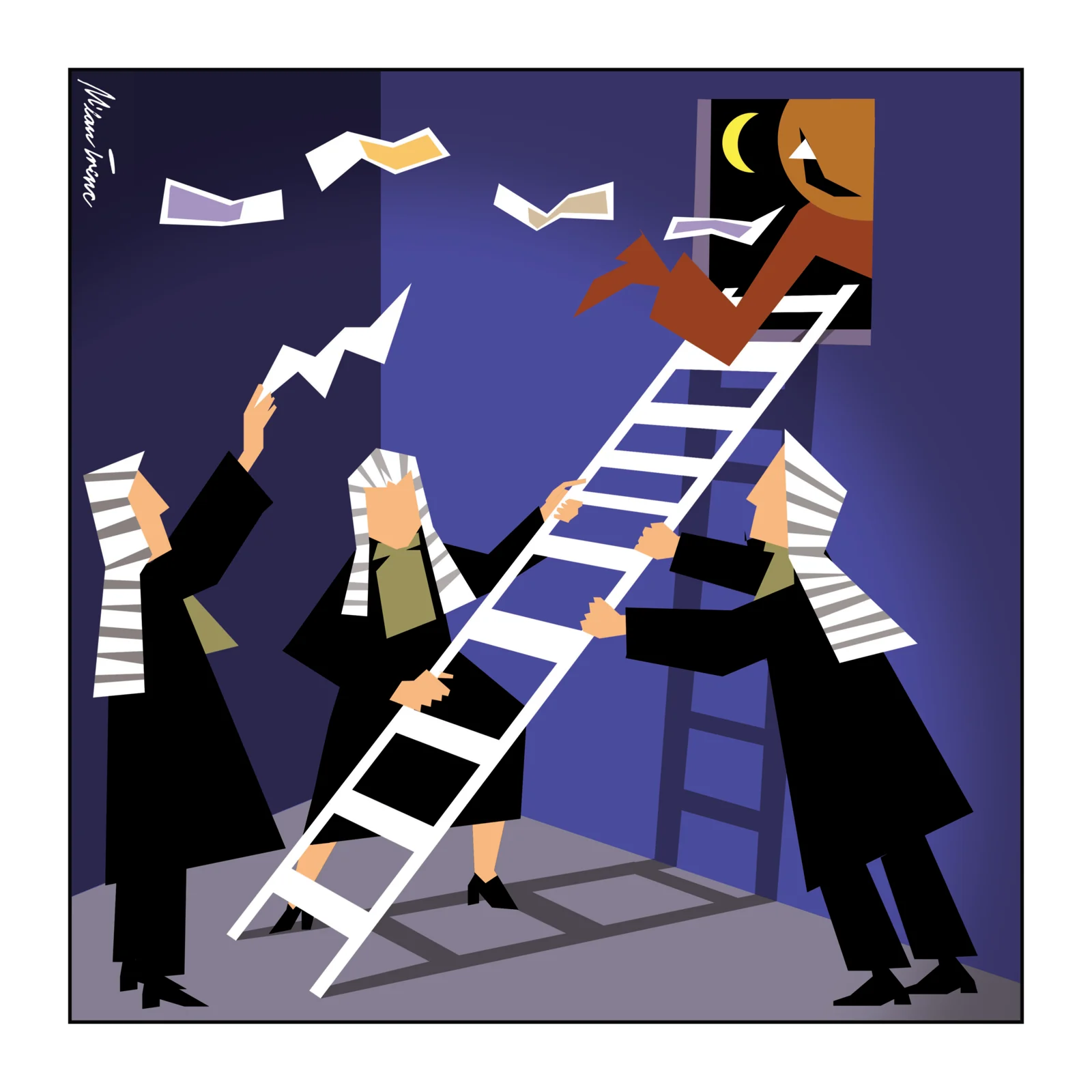 Figures on ladders beneath a set of scales