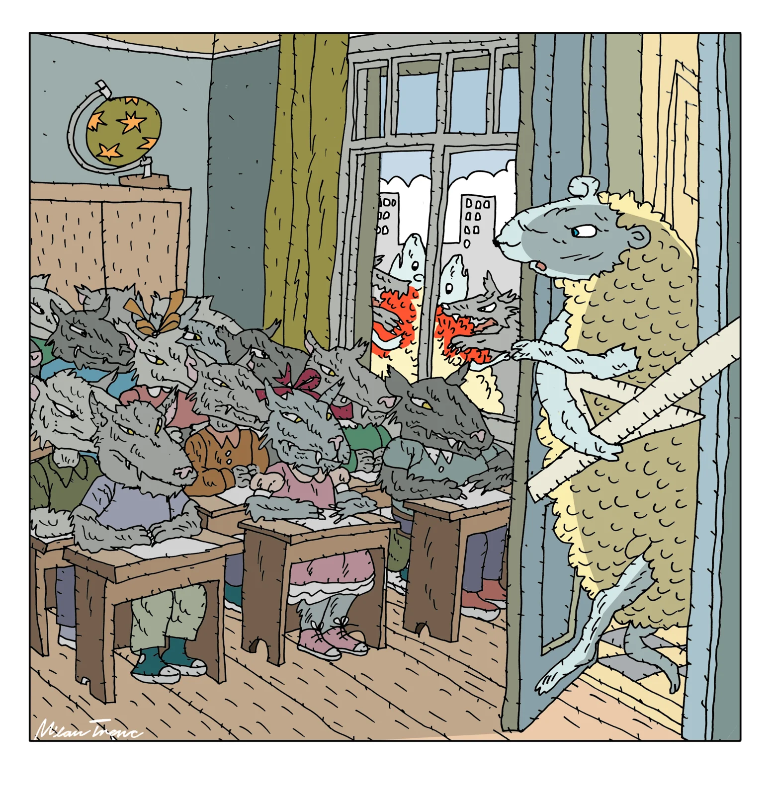 A classroom and its assembled figures