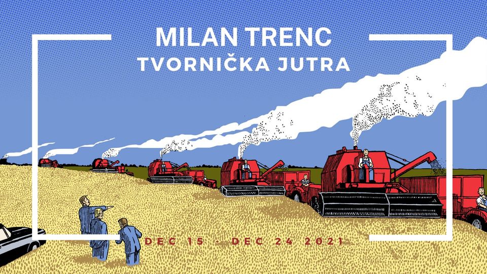 Grafika izložbe Tvornička jutra s crvenim žeteocima na plavom nebu